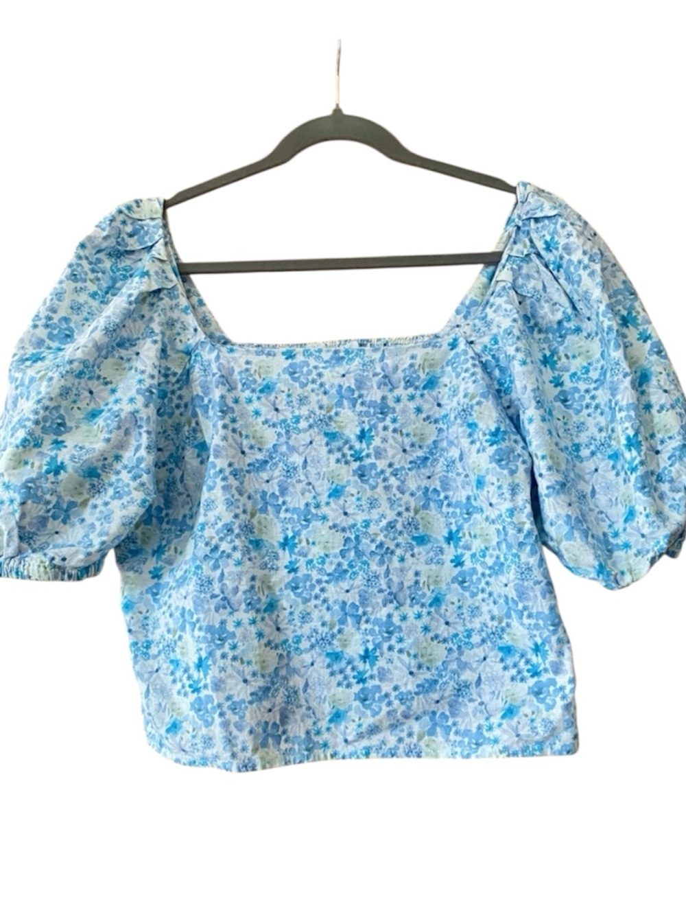 Primark Blue Floral Puff Sleeve Square Neck Smocked Cotton Top Size 14